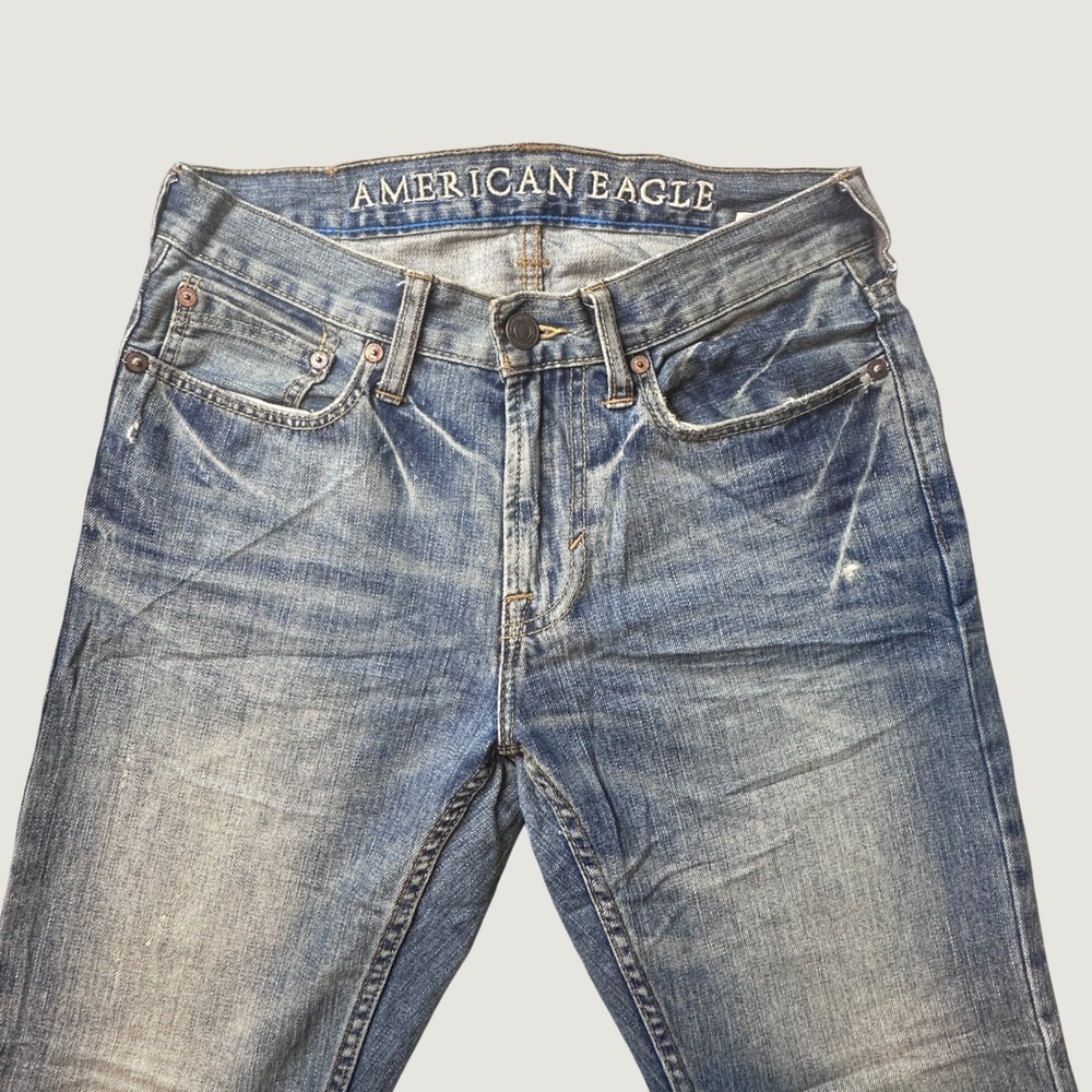 American Eagle Jeans Mens 28x32 (29x31) Slim Straight Blue Wash Whiskered Denim